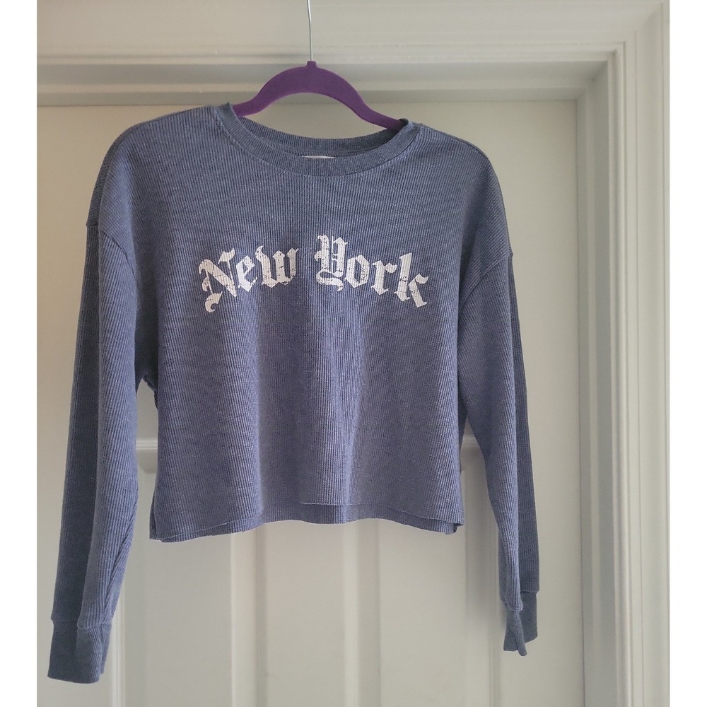 Pink Rose Kids Blue New York Graphic Thermal Waffle Knit Cropped Top Small
